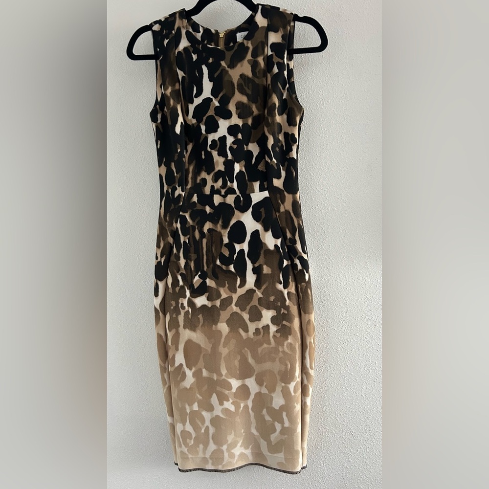 Calvin Klein Sleeveless Midi Dress in Black and Brown Leopard Print